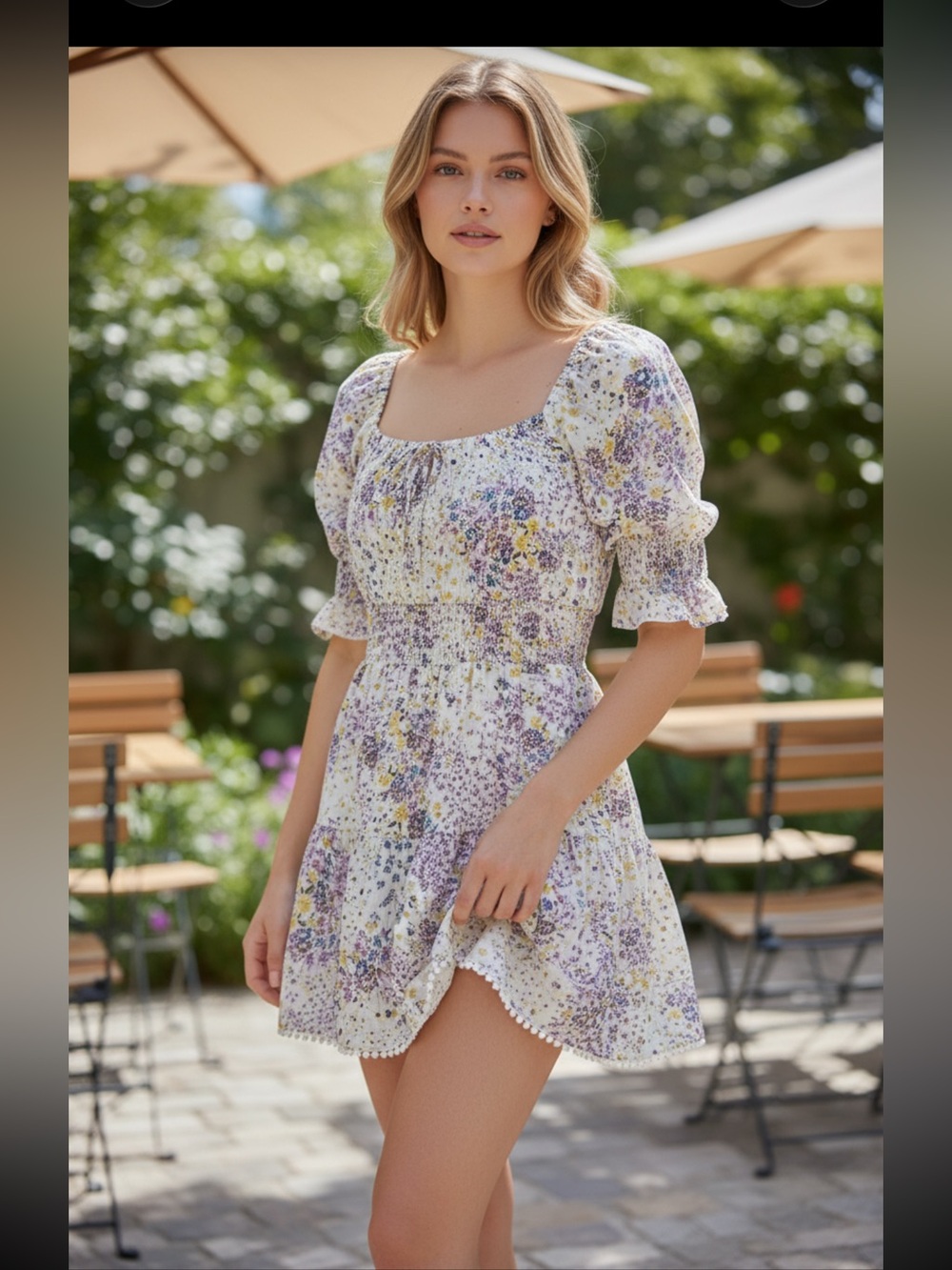 1. State Cream Floral Puff-Sleeve Tie-Front  Floral Frenzy Dress retail $109